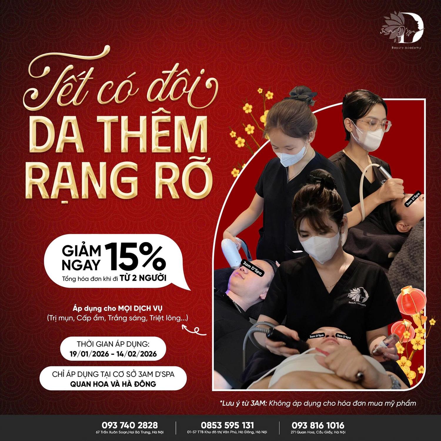 TẾT CÓ ĐÔI - DA THÊM RẠNG RỠ: GIẢM NGAY 15% TỔNG HÓA ĐƠN KHI ĐI TỪ 2 NGƯỜI 🧧