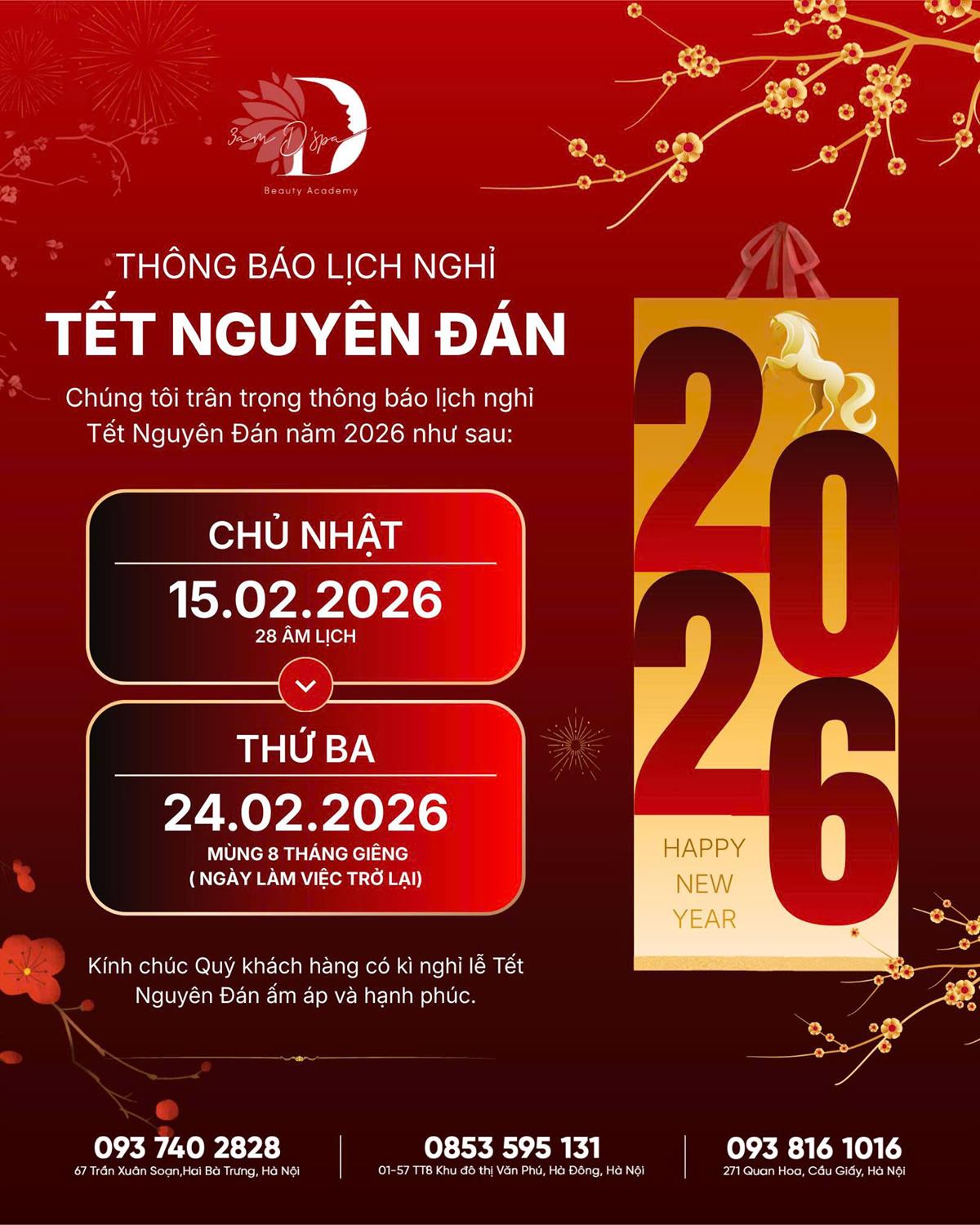 THÔNG BÁO LỊCH NGHỈ TẾT NGUYÊN ĐÁN 2026