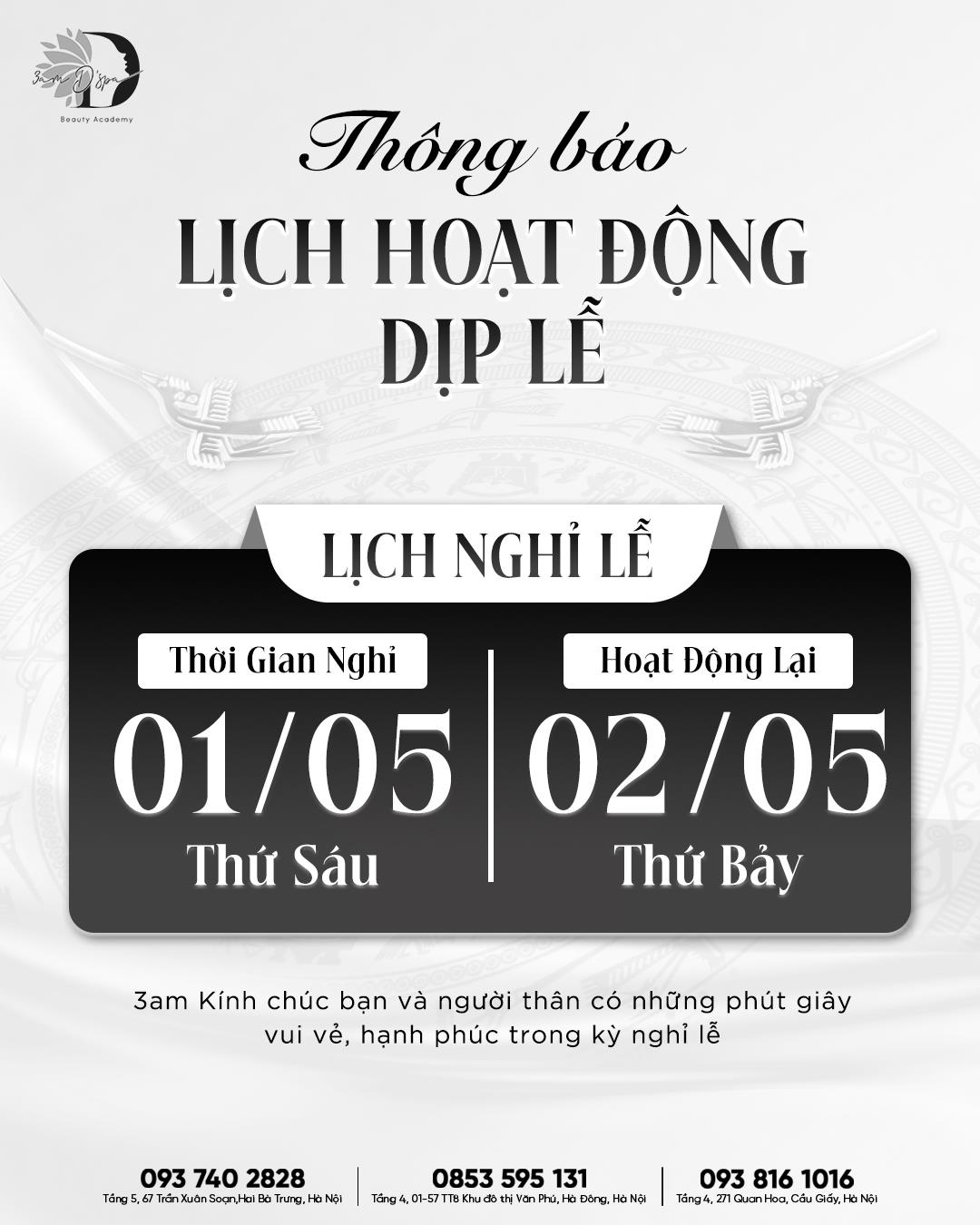 3am D’spa THÔNG BÁO LỊCH HOẠT ĐỘNG DỊP LỄ