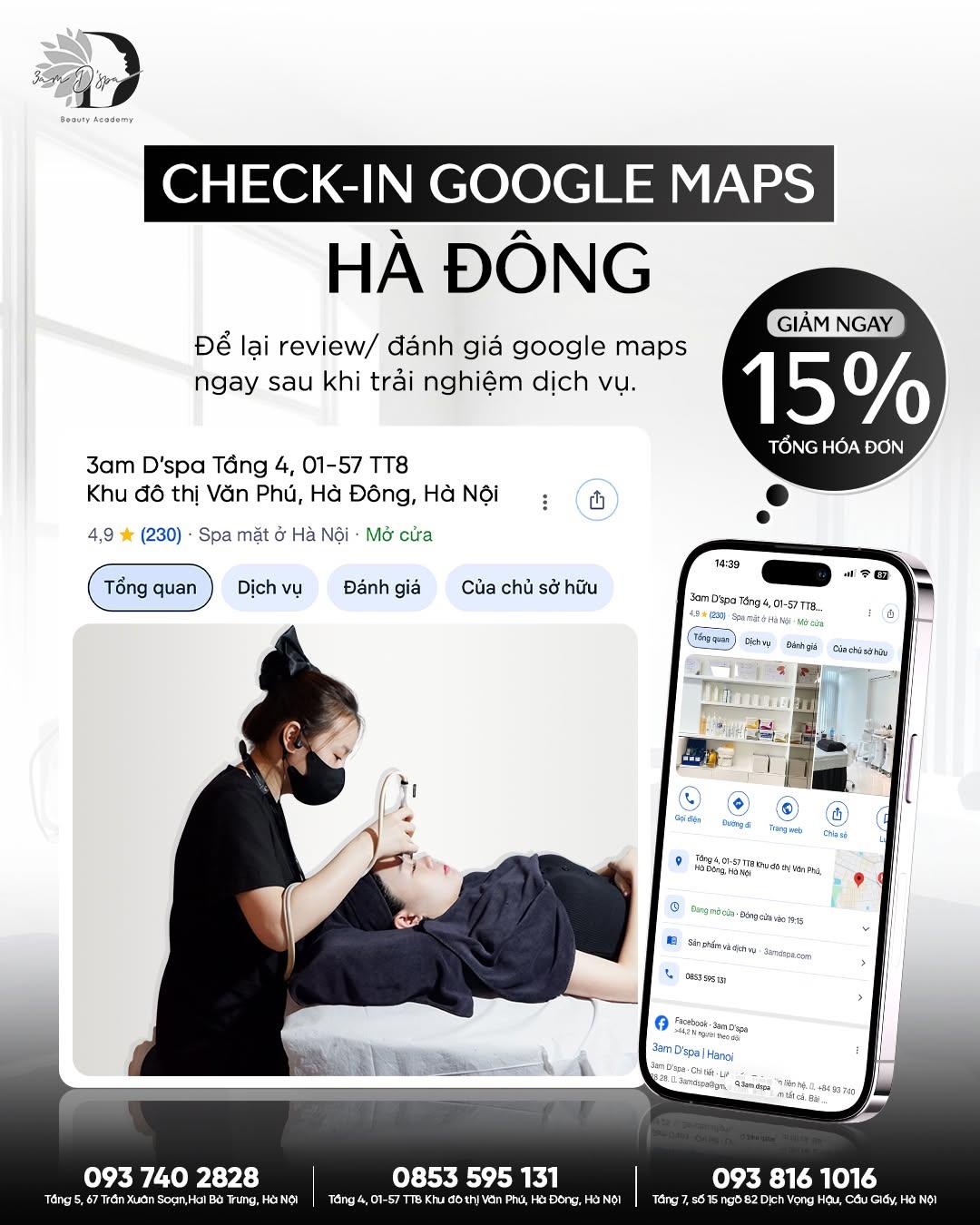 CHECK-IN GOOGLE MAPS: NHẬN NGAY ƯU ĐÃI GIẢM 15% TẠI 3AM D'SPA HÀ ĐÔNG! 